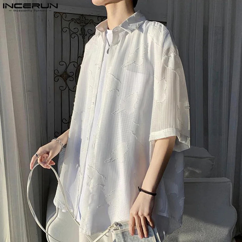 Fashion Well Fitting Tops INCERUN New Men Slightly Transparent Mesh Shirts Casual Streetwear Thin Lapel Mid Sleeved Blouse S-5XL