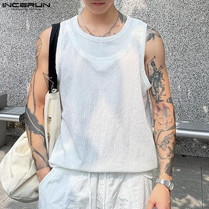 INCERUN Tops 2024 Korean Style Fashion Men Solid Splicing Fake Two-piece Vests Summer Casual Hot Sale Sleeveless Tank Tops S-5XL