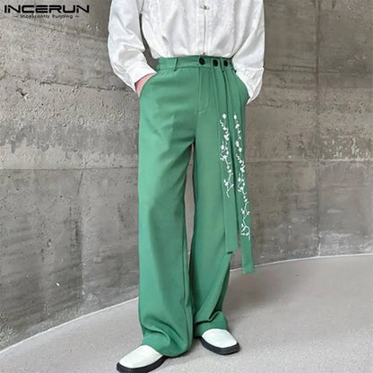 INCERUN 2024 Korean Style Trousers Men Stylish Embroidered Floral Ribbon Long Pants Streetwear Male Straight Leg Pantalons S-5XL