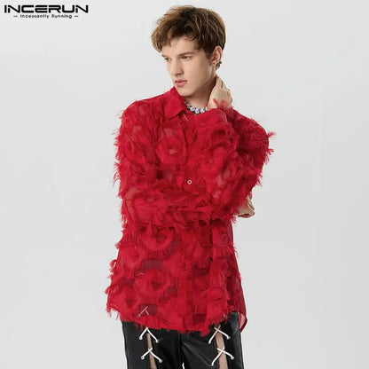 INCERUN Tops 2023 American Style Mens Stage Hot Selling Plume Tassel Design Shirts Casual Fashion Male Long Sleeved Blouse S-5XL