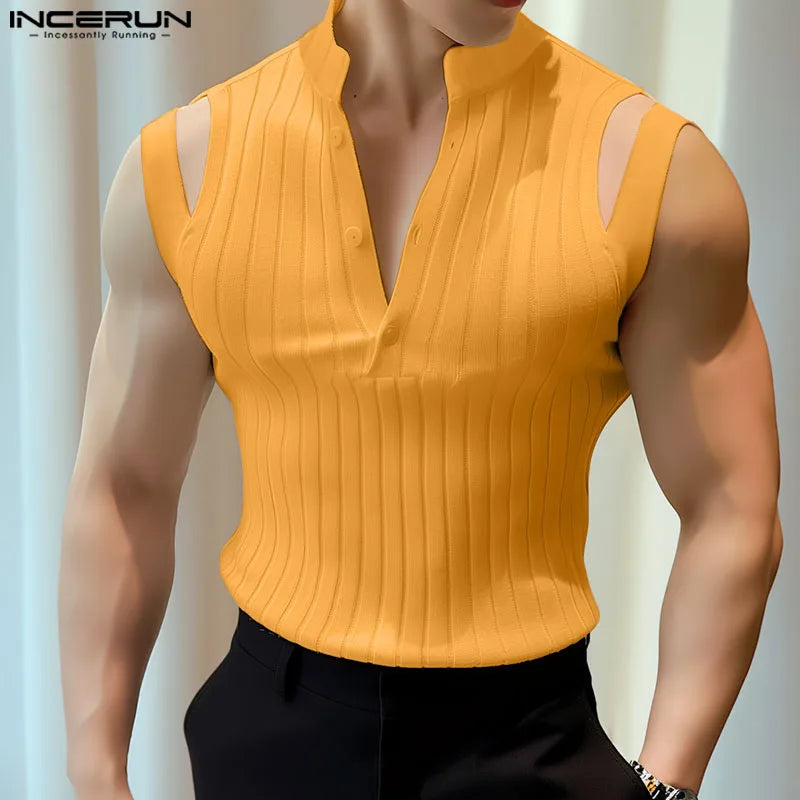 INCERUN Summer Tops Tee Fashion Sleeveless Men Tank Tops Casual Shirt V Neck Solid Hollow Out Oversized Streetwear Men Clothing