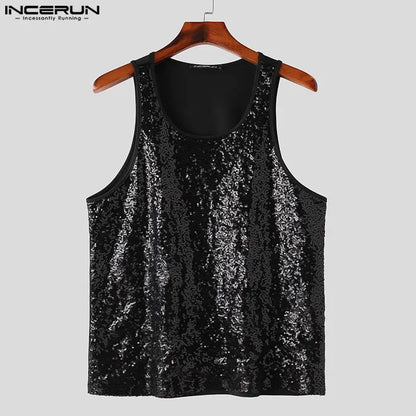 Stylish Hot Sale Tops INCERUN Men Personality Pearl Glitter Design Vests Casual Sport Streetwear Hot Sale O-neck Tank Tops S-5XL