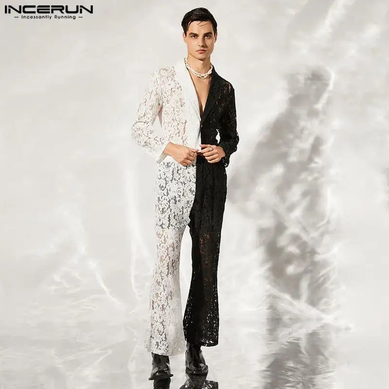 Fashion Casual Style Sets INCERUN Handsome Men's Black White Contrast Color Lace Hollow Short Suit Trousers Suit 2 Pieces S-5XL