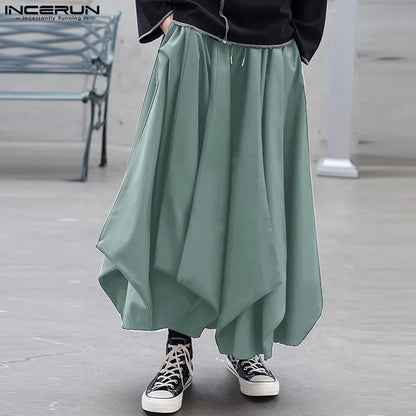 INCERUN 2024 Korean Style Pantalons Men's Wide Leg Hem Design Long Pants Fashionable Streetwear Male Solid Loose Trousers S-5XL