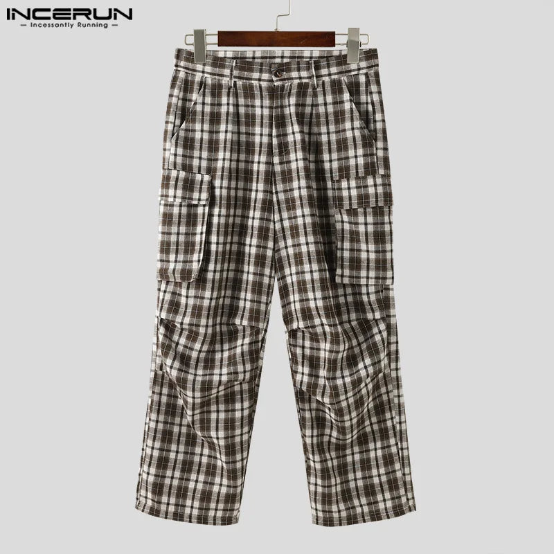 INCERUN 2024 Pantalon de style américain pour hommes, design de poche à carreaux, pantalon cargo long décontracté bien ajusté, vente chaude Pantalons S-5XL