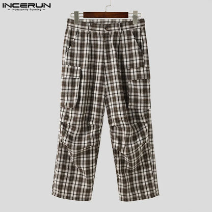 INCERUN 2024 Pantalon de style américain pour hommes, design de poche à carreaux, pantalon cargo long décontracté bien ajusté, vente chaude Pantalons S-5XL