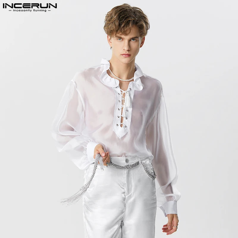 INCERUN Tops 2023 American Style New Men's Ruffled Tie Loose Shirts Casual Sexy Male Thin Perspective Long Sleeved Blouse S-5XL