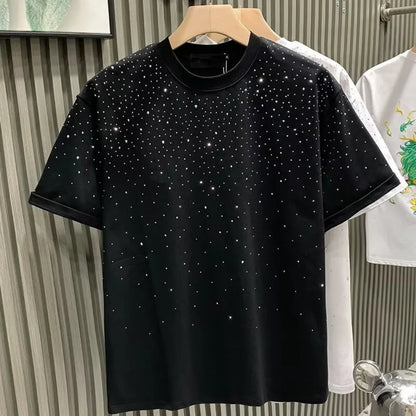 Summer Men's Rhinestone Rivet T-shirt Cotton Round Neck Casual T shirts Fashion High Street 2024 Men Short Sleeves