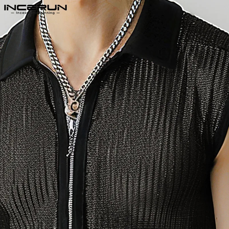 INCERUN Tops 2024 American Style Mens Sexy Hollow See-through Zipper Design Vests Leisure Thin Lapel Sleeveless Tank Tops S-5XL