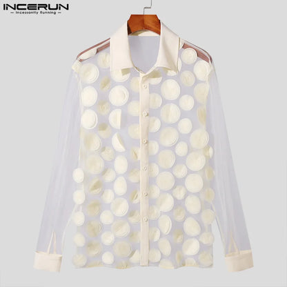 INCERUN Tops 2024 American Style Men's Personalized Petal Mesh Design Shirts Fashion Party Shows Thin Long Sleeved Shirts S-5XL