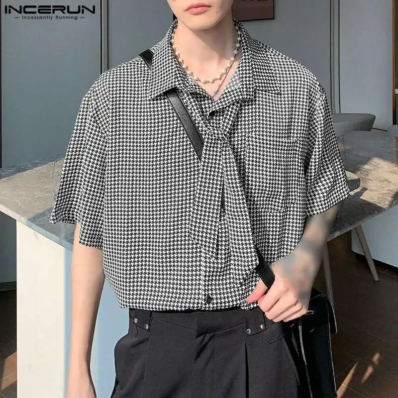 INCERUN Tops 2023 Korean Style New Men's Plaid Strap Lapel Blouse Casual Streetwear Hot Selling Male Short Sleeved Shirts S-5XL