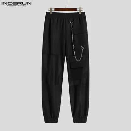 Fashion Well Fitting Long Pants INCERUN Men Chain Design Pantalons Male See-through Mesh Stitching Elastic Waist Trousers S-5XL