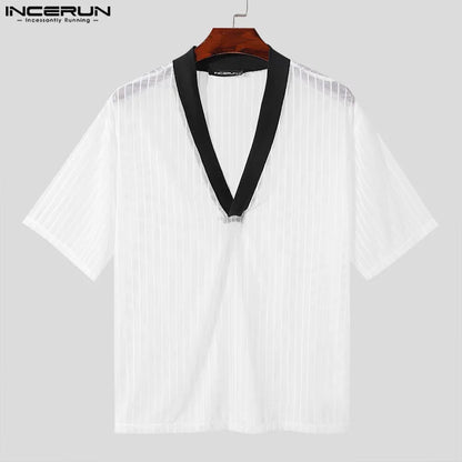 INCERUN Tops 2024 Korean Style Sexy Men's Striped V-neck See Through T-shirts Casual Streetwear Thin Half Sleeved Camiseta S-5XL