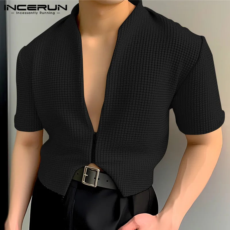 2024 Men Shirt Solid Color V Neck Short Sleeve Zipper Men Clothing Streetwear Stylish Casual Irregular Crop Tops S-5XL INCERUN