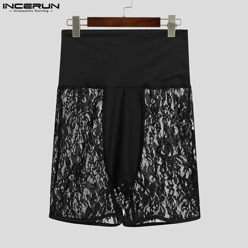 INCERUN 2024 Sexy Hommes Homewear Dentelle Perspective Vêtements De Nuit Décontracté À La Mode Mâle Mince Confortable Épissé Élastique Shorts S-5XL