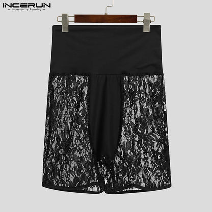 INCERUN 2024 Sexy Mens Homewear Lace Perspective Sleepwear Casual Fashionable Male Thin Comfortable Spliced Elastic Shorts S-5XL