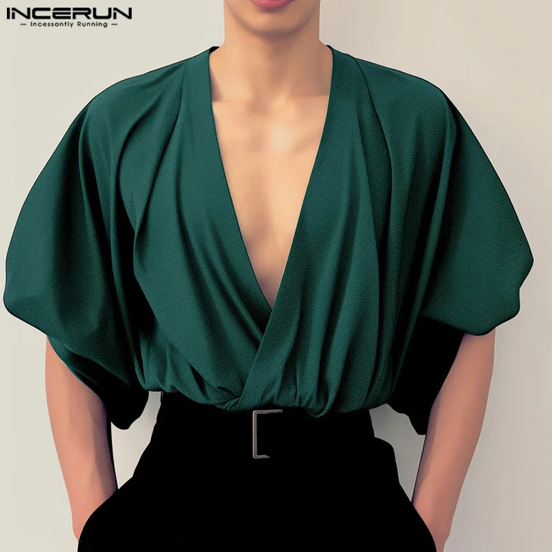 INCERUN Tops 2024 Korean Style Men Sexy Large V-neck Bubble Short Sleeved Shirts Party Clubwear Personality Solid Blouse S-5XL