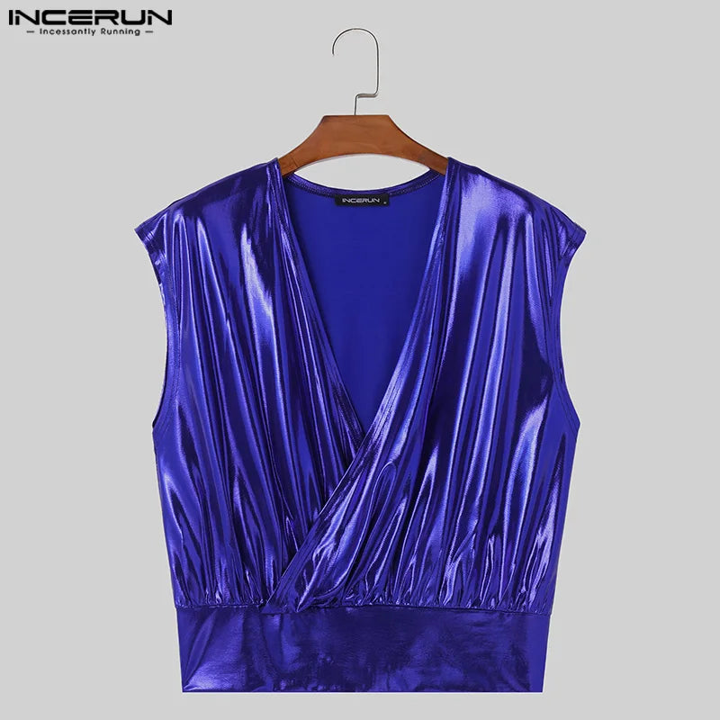 Fashion Casual Style Tops INCERUN New Men's V-neck Flash Fabric T-shirts Casual Loose Comfortable Sleeveless Camiseta S-5XL 2024