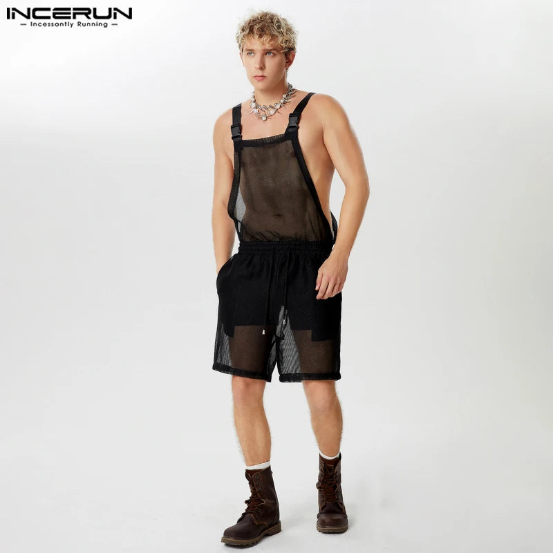 INCERUN 2024 American Style Bodysuits Stylish Men's Hollow Mesh Jumpsuits Sexy Leisure Perspective Thin Sleeveless Rompers S-5XL