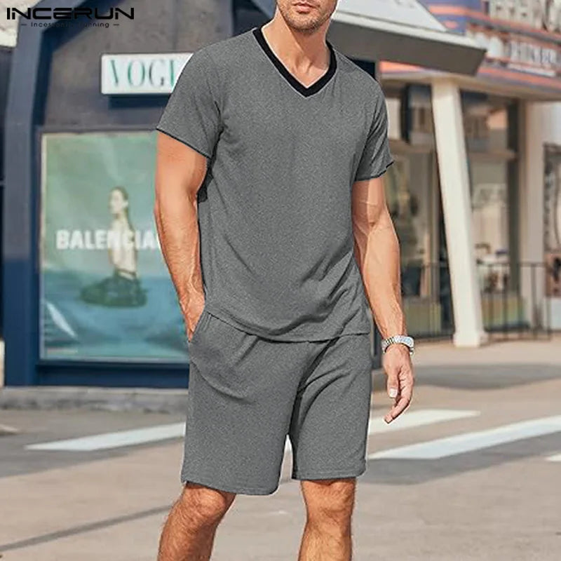 INCERUN 2024 American Style Sets Stylish Men's Short Sleeved T-shirts Shorts Casual Loose V-neck Streetwear Suit 2 Pieces S-5XL