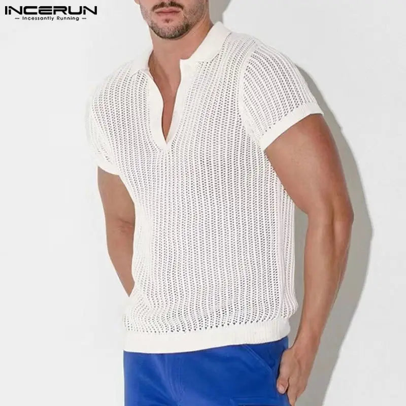 Fashion Casual Style Tops INCERUN 2024 New Men Perspective Mesh Shirts Male Summer Clubwear Lapel Short Sleeved Shirt S-5XL 2024