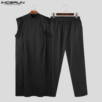 INCERUN 2023 Style musulman nouveaux hommes ensembles style long sans manches débardeurs pantalons décontractés homme bien ajusté solide deux pièces ensembles S-5XL