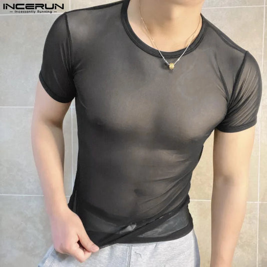 2024 Hommes T-shirts Maille Transparent O-cou Manches Courtes Streetwear Hommes Vêtements Couleur Unie Sexy Mode Camisetas S-3XL INCERUN