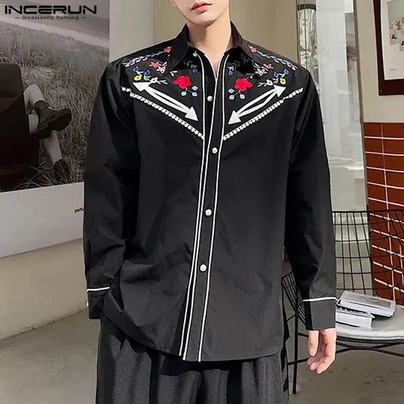 INCERUN Tops 2024 Fashion Men's Patchwork Color Contrast Printed Shirts Casual Personality Male Lapel Long Sleeved Blouse S-5XL