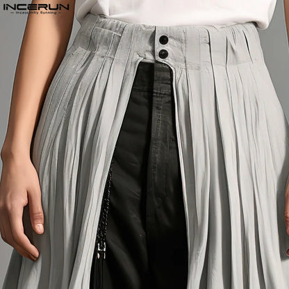 2024 Men's Skirts Solid Color Loose Button Pleated Fashion Casual Men Bottoms Split Streetwear Unisex Irregular Skirts INCERUN