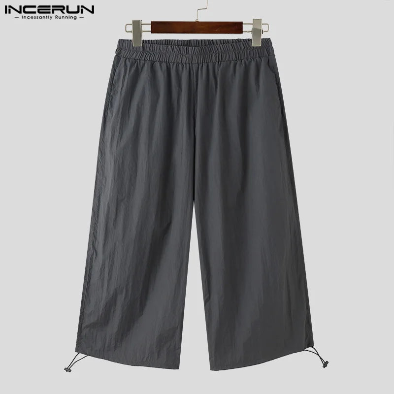 INCERUN 2024 Korean Style Trousers New Men Personality Wide Leg Pants Casual Well Fitting Ankle tied Drawstring Pantalons S-5XL