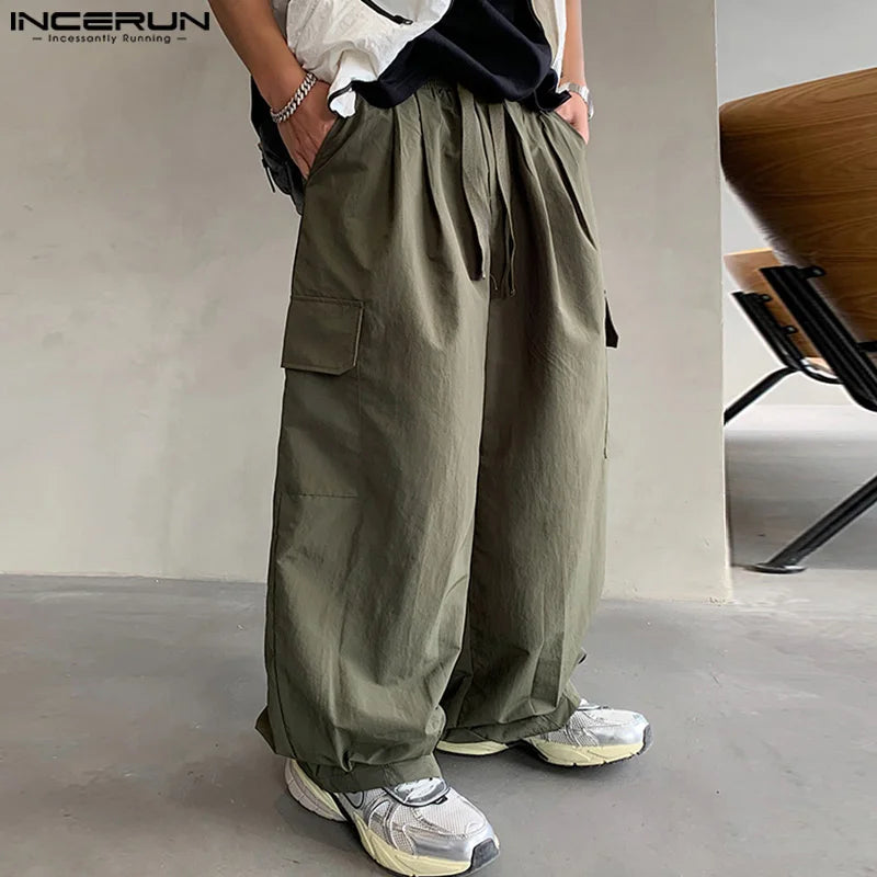 INCERUN 2024 American Style Pantalons Men Fashion Loose Cargo Long Pant Leisure Streetwear Solid Pockets Wide Leg Trousers S-5XL