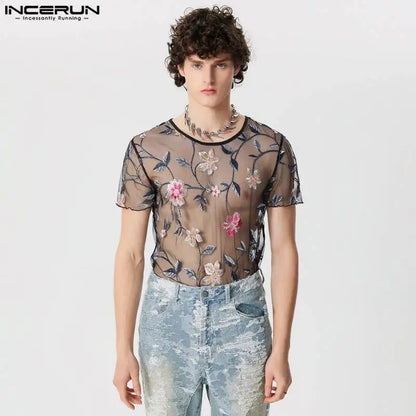 INCERUN Tops 2024 Sexy Fashion Men Perspective Jacquard Embroidery T-shirts Male Casual Thin O-neck Short Sleeved Camiseta S-5XL