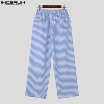 INCERUN 2024 Korean Style Trousers Stylish Men Striped Drawstring Design Pants Casual Streetwear Elastic Waisted Pantalons S-5XL