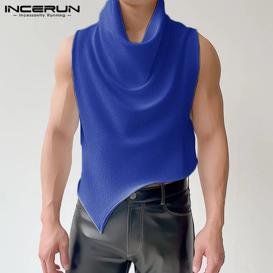 INCERUN Tops 2024 Korean Style New Mens Swing Collar Texture Irregular Hem Vests Casual Clubwear Male Sleeveless Tank Tops S-5XL