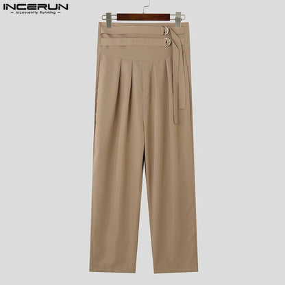 INCERUN 2024 Pantalons im amerikanischen Stil, stilvolle Herrenhose mit hoher Taille und Schnürung, einfarbige Hose mit weitem Bein, S-5XL