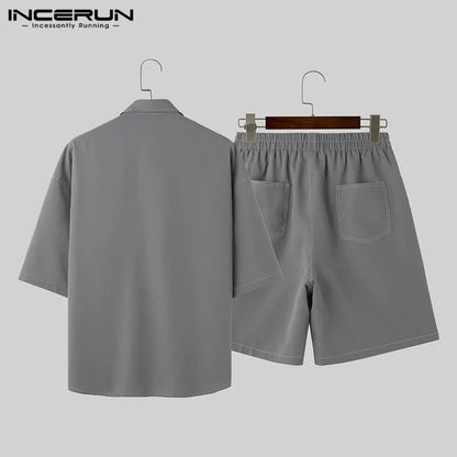 INCERUN 2024 Koreanische Stil Freizeit Herren Sets Linie Spleißen Design Kurzarm Hemd Shorts Einfach Alle-spiel Anzug 2 Stück S-5XL