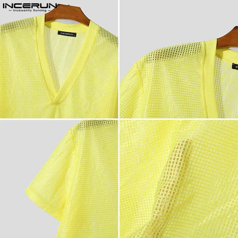 INCERUN Tops 2024 Korean Style Fashion Men Breathable Mesh T-shirts Casual Simple Male Solid V-neck Short Sleeved Camiseta S-5XL