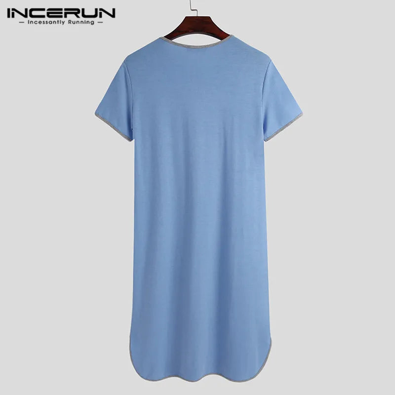 Summer Short Sleeve V Neck Homewear INCERUN Men Patchwork Sleep Robes Hombre Loose Comfy Bathrobes Casual Solid Nightgown S-5XL