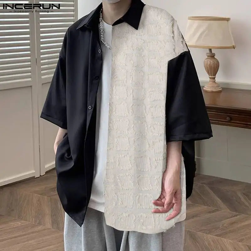 INCERUN Tops 2024 Hübsche Neue Männer Quaste Jacquard Patchwork Schulter Unten Hemd Freizeit Streetwear Kurzarm Bluse S-5XL