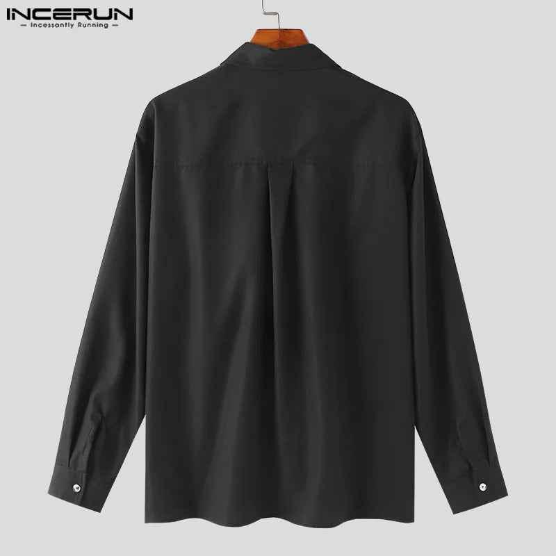 INCERUN Tops 2024 Koreanischen Stil Männer Doppel-schicht Strukturelle Metall Design Shirts Freizeit Patchwork Solide Langarm Bluse S-5XL