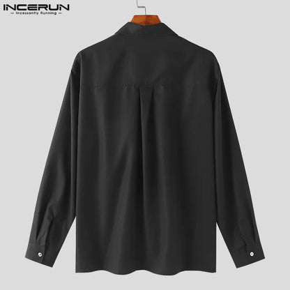 INCERUN Tops 2024 Style coréen Hommes Double couche Structurel Conception Chemises Loisirs Patchwork Solide Chemisier À Manches Longues S-5XL