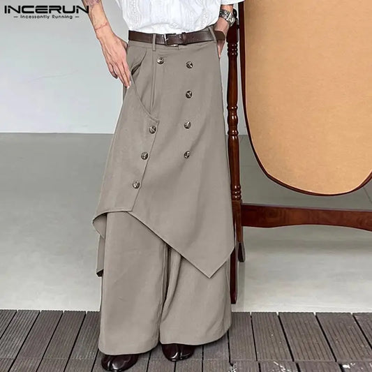 INCERUN 2023 Men Irregular Pants Button Joggers Streetwear Solid Color Trousers Men Vintage Loose Casual Wide Leg Pants S-5XL