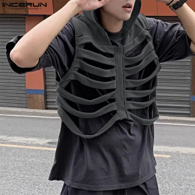 INCERUN Tops 2024 Koreanischen Stil Neue Männer Lustige Knochen Dekonstruktion Design Westen Freizeit Streetwear Feste Kapuzen Weste S-5XL