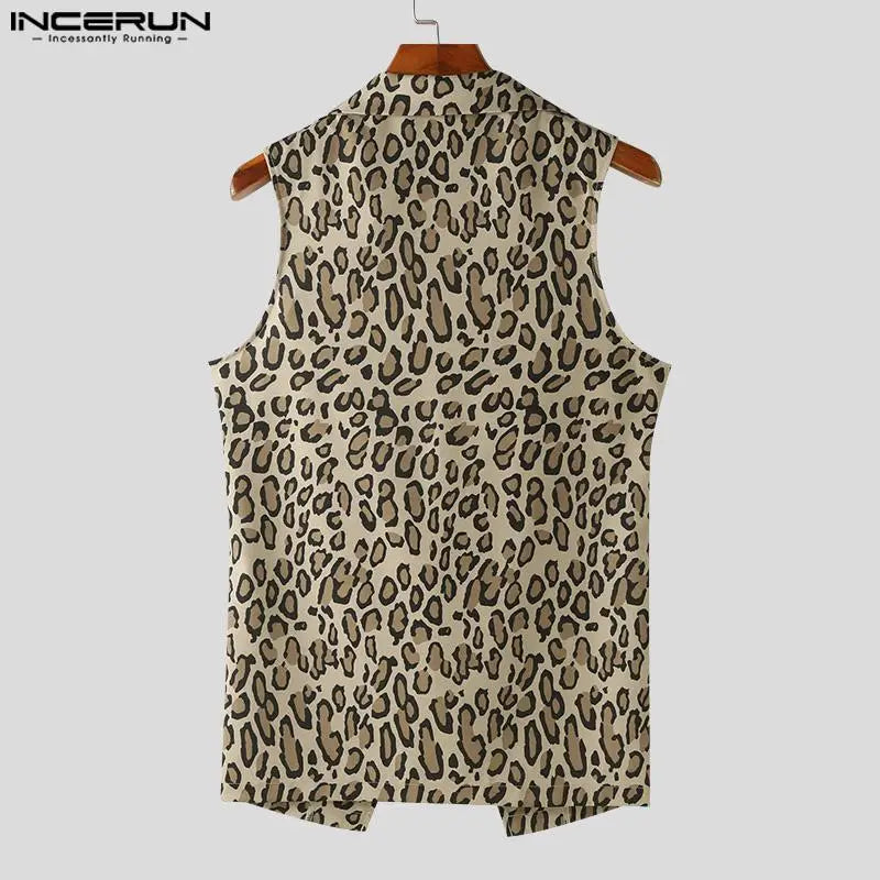 INCERUN Tops 2024 Amerikanischen Stil Mode Männer Kordelzug V-ausschnitt Westen Männliche Persönlichkeit Leopard Gedruckt Ärmellose Tank Tops S-5XL