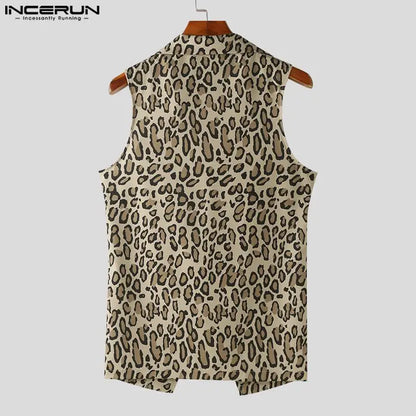 INCERUN Tops 2024 Style Américain Mode Hommes Cordon Col En V Gilets Personnalité Masculine Léopard Imprimé Sans Manches Débardeurs S-5XL