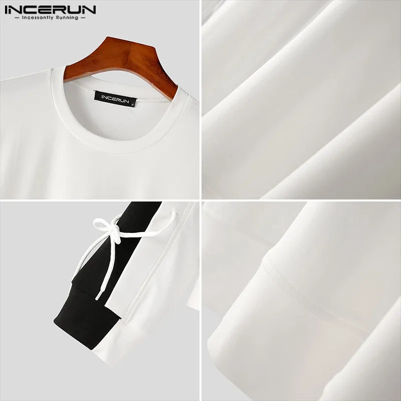 INCERUN Tops 2024 Style coréen Nouveaux hommes Noir et blanc Couleur contrastée Dentelle T-shirts Décontracté Streetwear Lâche O-cou Camiseta S-5XL