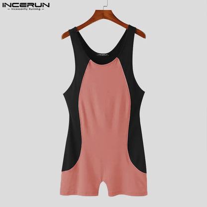 INCERUN 2024 Sexy Style New Men's Homewear Jumpsuits Stylish Contrast Color Rompers Male Personality Sleeveless Bodysuits S-5XL