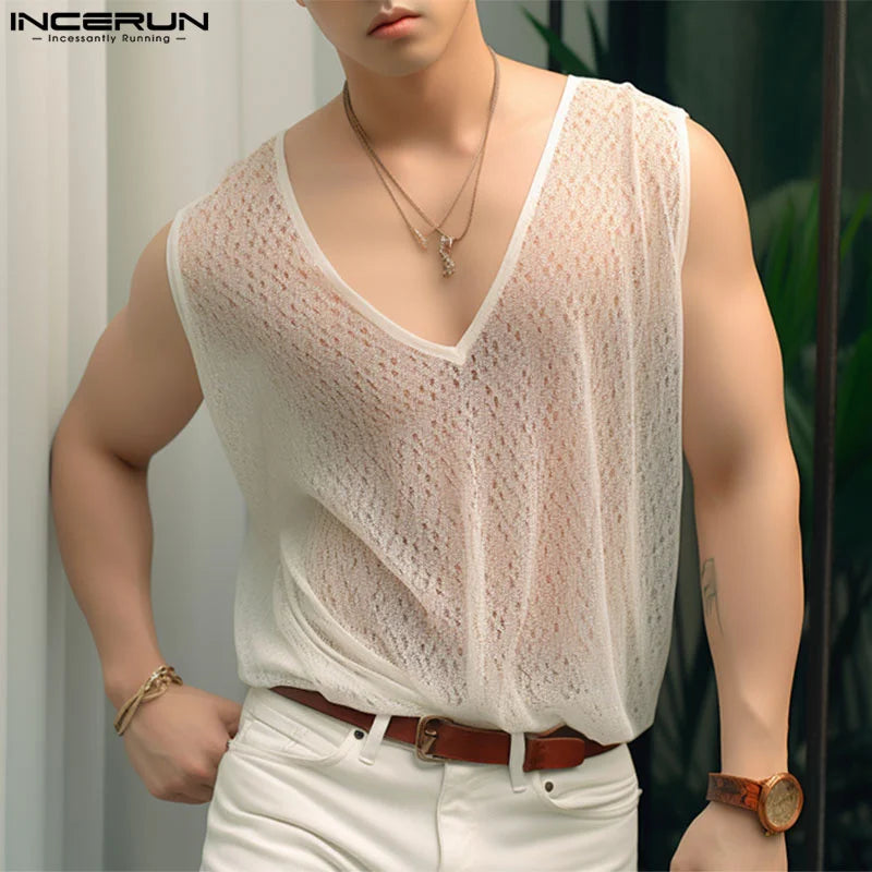 INCERUN Tops 2024 Korean Style Men's Stylish Hollow See-through Vests Summer Casual Streetwear V-neck Sleeveless Tank Tops S-5XL