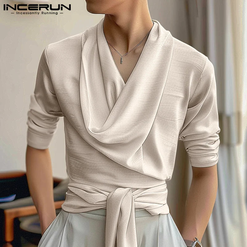 Fashion Casual Style Tops INCERUN Men's Swing Neck Design Strap Shirt Sexy Male Hot Selling Solid Long Sleeved Blouse S-5XL 2024