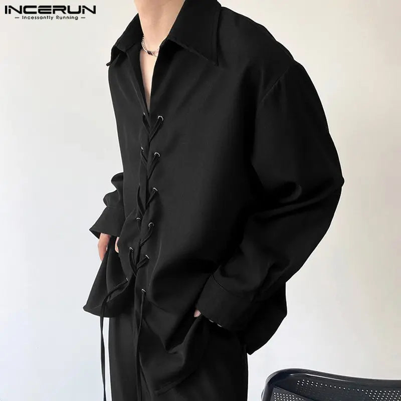 2023 männer Hemd Einfarbig Revers Langarm Lace Up Männer Kleidung Koreanische Streetwear Fashion Lose Casual Shirts S-5XL INCERUN